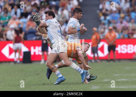 Sydney, Australia. 28th Jan, 2023. Henry Hutchison of Australia is tackled during the 2023 Sydney Sevens match between Australia and Argentina at Allianz Stadium on January 28, 2023 in Sydney, Australia Credit: IOIO IMAGES/Alamy Live News Stock Photo