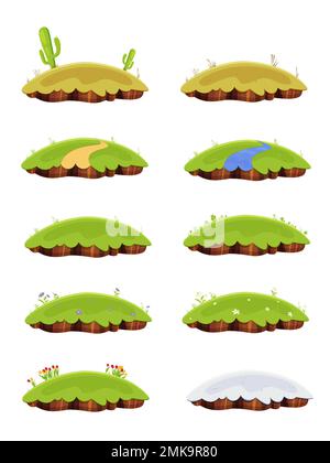 Set of island landscapes with green grass, snow and praire plants. Location icons for mobile games. Four seasons. Stock Vector