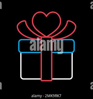 Gift box sign on black background icon. Present with heart love symbol. Valentines day. Vector illustration, romance elements. Sticker, patch, badge, Stock Vector