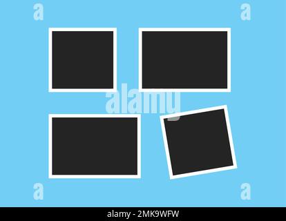 Photo Frames set isolated on blue, Group of realistic black frames mock up vector. Empty framing for your design. Vector template for picture, paintin Stock Vector