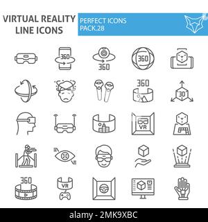Virtual reality line icon set, augmented reality symbols collection, vector sketches, logo illustrations, game simulation signs linear pictograms package isolated on white background, eps 10. Stock Vector