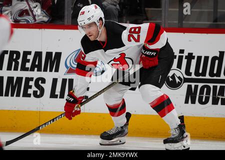 New Jersey Devils defenseman Damon Severson during the first period of an NHL  hockey game against the Vegas Golden Knights, Tuesday, Jan. 24, 2023, in  Newark, N.J. (AP Photo/Mary Altaffer Stock Photo 