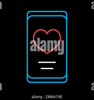 Technology heart smartphone mobile phone romantic telephone call. Valentine's day on black background icon, doodle. Decoration for greeting cards, pos Stock Vector