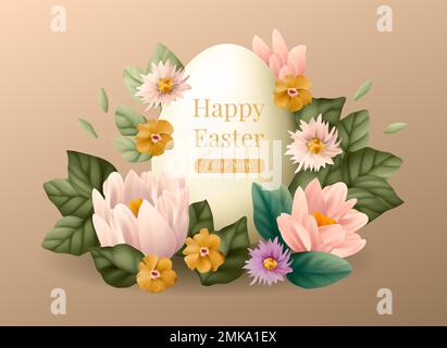 Easter egg colorful 3d background, season traditional vector spring decorative happy flower ornament. Festive holiday design. Stock Vector