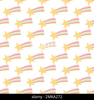 Seamless pattern with falling star in flat style. Vector background of cartoon star for wrapping paper, card, textile. Stock Vector