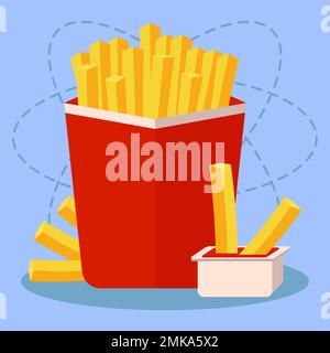 French Fries Potato In Paper Red Box And Sauce. Junk Food Concept Vector Illustration In Flat Style Stock Vector
