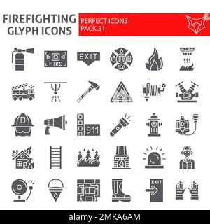 Firefighter glyph icon set, fireman symbols collection, vector sketches, logo illustrations, fire safety signs solid pictograms package isolated on white background, eps 10. Stock Vector