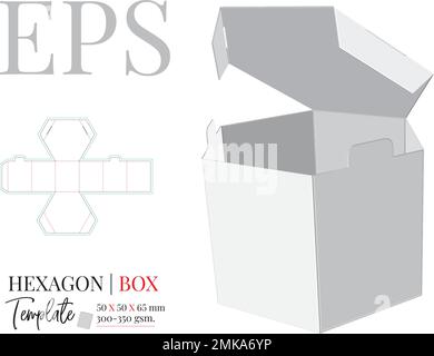 Hexagon Box die cut template, vector. White, clear, blank, isolated decorative Hexagon Box mock up on white background with perspective view. Self loc Stock Vector