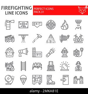 Firefighter line icon set, fireman symbols collection, vector sketches, logo illustrations, fire safety signs linear pictograms package isolated on white background, eps 10. Stock Vector