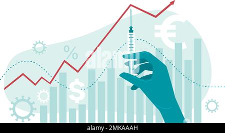 coronavirus COVID-19 2019-ncov vaccine discovery impact on stock market. Doctor hand in medical glove holding syringe with vaccine shot.Flat vector il Stock Vector