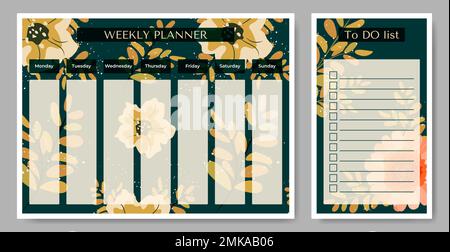 Weekly planner with To Do list on floral backdrop. Stock Vector