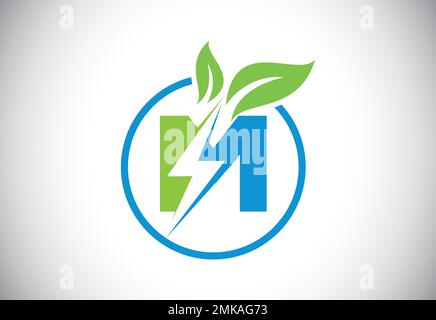 Initial M letter thunderbolt leaf circle or eco energy saver icon. Leaf and thunderbolt icon concept for nature power electric logo Stock Vector