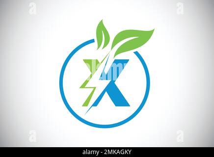 Initial X letter thunderbolt leaf circle or eco energy saver icon. Leaf and thunderbolt icon concept for nature power electric logo Stock Vector