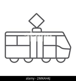 Tram thin line icon, transportation and railway, city tram sign, vector graphics, a linear pattern on a white background, eps 10. Stock Vector