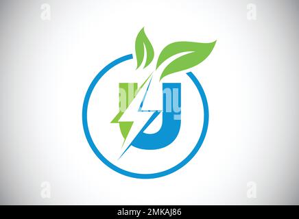 Initial U letter thunderbolt leaf circle or eco energy saver icon. Leaf and thunderbolt icon concept for nature power electric logo Stock Vector