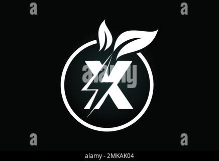 Initial X letter thunderbolt leaf circle or eco energy saver icon. Leaf and thunderbolt icon concept for nature power electric logo Stock Vector