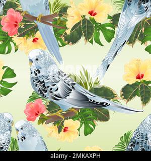 Seamless texture three birds Budgerigars, home pets ,blue pets parakeets  on a branch bouquet with tropical flowers hibiscus, palm,philodendron vintag Stock Vector