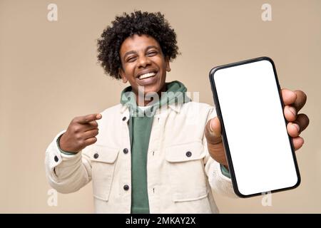 Happy African American student showing big mock up mobile phone screen. Stock Photo