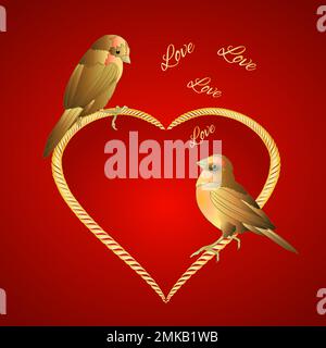 Little golden birds and hearts valentines place for text red background vintage vector illustration editable hand draw Stock Vector