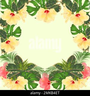 Frame tropical flowers  floral arrangement, with   pink and yellow  hibiscus and  palm,philodendron  vintage vector illustration  editable hand draw Stock Vector