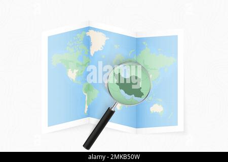 Enlarge Iran with a magnifying glass on a folded map of the world. Vector paper map. Stock Vector