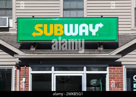 A Subway logo is seen at the sandwich shop location in Danville. Stock Photo