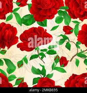 Seamless texture red roses with buds and leaves vintage  on a white background set three vector illustration editable hand draw Stock Vector