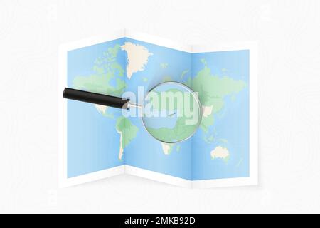 Enlarge Cyprus with a magnifying glass on a folded map of the world. Vector paper map. Stock Vector