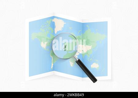 Abstract Blue World Map With Magnified Portugal. Portugal Flag And