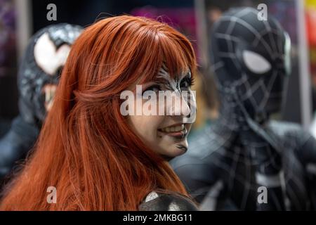 Moscow, Russia. 28th of January, 2023. A participant wears a costume during the Bubble Comics Con festival of pop culture, comics, cinema, video gaming and cosplay at Music Media Dome in Moscow, Russia Stock Photo