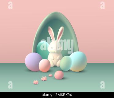 Easter bunny 3d vector concept, rabbit eggs cute background pastel spring holiday happy render art. Vector illustration Stock Vector