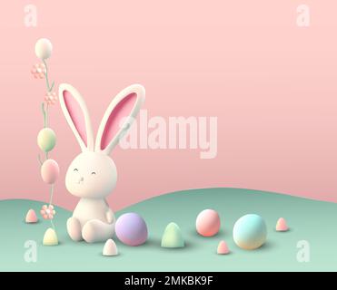 Easter bunny 3d vector concept, rabbit eggs cute background pastel spring holiday happy render art. Vector illustration Stock Vector