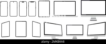 Set of Realistic computer laptop smartphone with transparent screen. Tablet gadget template, Group PC laptop mobile devices mockup. I phone iPad and m Stock Vector