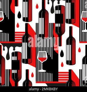 Red wine seamless vector pattern, drink bottle glass modern geometric background. Creative fashion wallpaper. Creative design. Stock Vector
