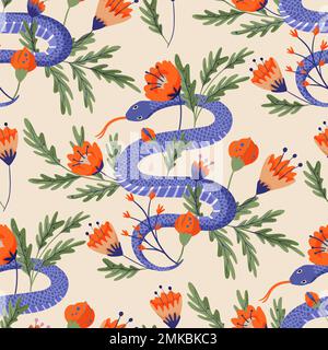 Wild snake vector exotic background, beautiful decoration flower seamless pattern . Vector illustration drawing. Stock Vector