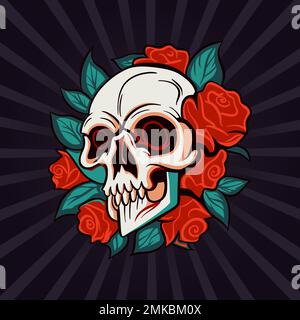 Skull head and rose flower, symbol drawing print. Dead vector retro death ornament Stock Vector