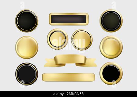 Gold vector stamp label icon. Badge sign design set, seal sticker vintage round tag. Stock Vector