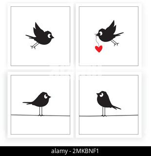 Cute bird illustration isolated on white background, vector. Scandinavian minimalist poster design in four pieces. Modern wall art, artwork. Cartoon Stock Vector