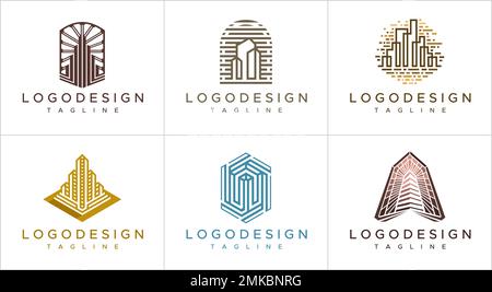 Luxury lines property logo design template set. Collection of building logo. Stock Vector