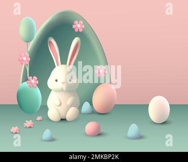 Easter bunny with egg, spring season colorful vector traditional 3d background. Cute rabbit nature realistic cartoon illustration. Stock Vector