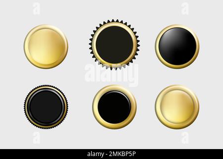 Gold vector stamp label icon. Badge sign design set, seal sticker vintage round tag. Stock Vector