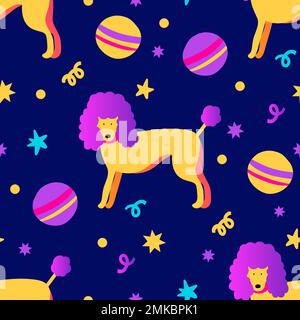 Funky poodle dog with a ball happy vector seamless pattern. Fun character cute backdrop, colorful kids creative background Stock Vector