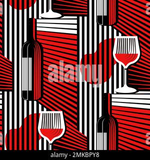 Red wine seamless vector pattern, drink bottle glass modern geometric background. Creative fashion wallpaper. Creative design. Stock Vector
