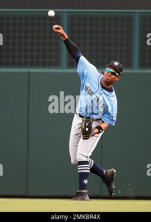 Seattle Mariners' Eugenio Suarez bats against the Cleveland Guardians  during the third inning of a baseball game, Sunday, April 9, 2023, in  Cleveland. (AP Photo/Ron Schwane Stock Photo - Alamy