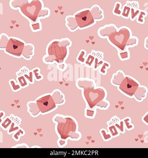 Valentines day concept seamless pattern with vector cute cartoon stickers, air balloons and letters. Pink background for wrapping paper and gift boxes Stock Vector