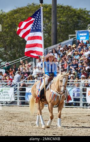 Homestead, FL, USA. 28th January 2023. 74th Annual Homestead Championship Rodeo, presented by Downrite Engineering and Spitzer Chrysler Dodge Jeep Ram of Homestead. Barrel Racing, Bull Riding, Tie Down Roping, Team Roping, Saddle Bronc Riding, Bareback Bronc Riding, Steer Wrestling, John Harrison Specialty Act, Homestead Everglades Posse Specialty Act. PRCA. Credit: Yaroslav Sabitov/YES Market Media/Alamy Live News Stock Photo