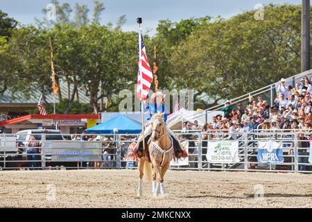 Homestead, FL, USA. 28th January 2023. 74th Annual Homestead Championship Rodeo, presented by Downrite Engineering and Spitzer Chrysler Dodge Jeep Ram of Homestead. Barrel Racing, Bull Riding, Tie Down Roping, Team Roping, Saddle Bronc Riding, Bareback Bronc Riding, Steer Wrestling, John Harrison Specialty Act, Homestead Everglades Posse Specialty Act. PRCA. Credit: Yaroslav Sabitov/YES Market Media/Alamy Live News Stock Photo