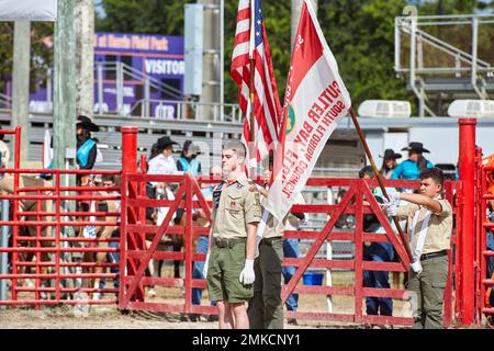 Homestead, FL, USA. 28th January 2023. 74th Annual Homestead Championship Rodeo, presented by Downrite Engineering and Spitzer Chrysler Dodge Jeep Ram of Homestead. Barrel Racing, Bull Riding, Tie Down Roping, Team Roping, Saddle Bronc Riding, Bareback Bronc Riding, Steer Wrestling, John Harrison Specialty Act, Homestead Everglades Posse Specialty Act. PRCA. Credit: Yaroslav Sabitov/YES Market Media/Alamy Live News Stock Photo