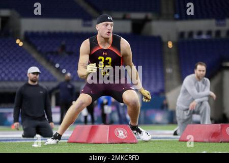 Eastern Michigan defensive lineman Maxx Crosby runs a drill at the NFL  football scouting combine in Indianapolis, Sunday, March 3, 2019. (AP  Photo/Michael Conroy Stock Photo - Alamy