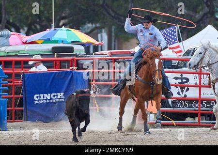 Homestead, FL, USA. 28th January 2023. 74th Annual Homestead Championship Rodeo, presented by Downrite Engineering and Spitzer Chrysler Dodge Jeep Ram of Homestead. Barrel Racing, Bull Riding, Tie Down Roping, Team Roping, Saddle Bronc Riding, Bareback Bronc Riding, Steer Wrestling, John Harrison Specialty Act, Homestead Everglades Posse Specialty Act. PRCA. Credit: Yaroslav Sabitov/YES Market Media/Alamy Live News Stock Photo